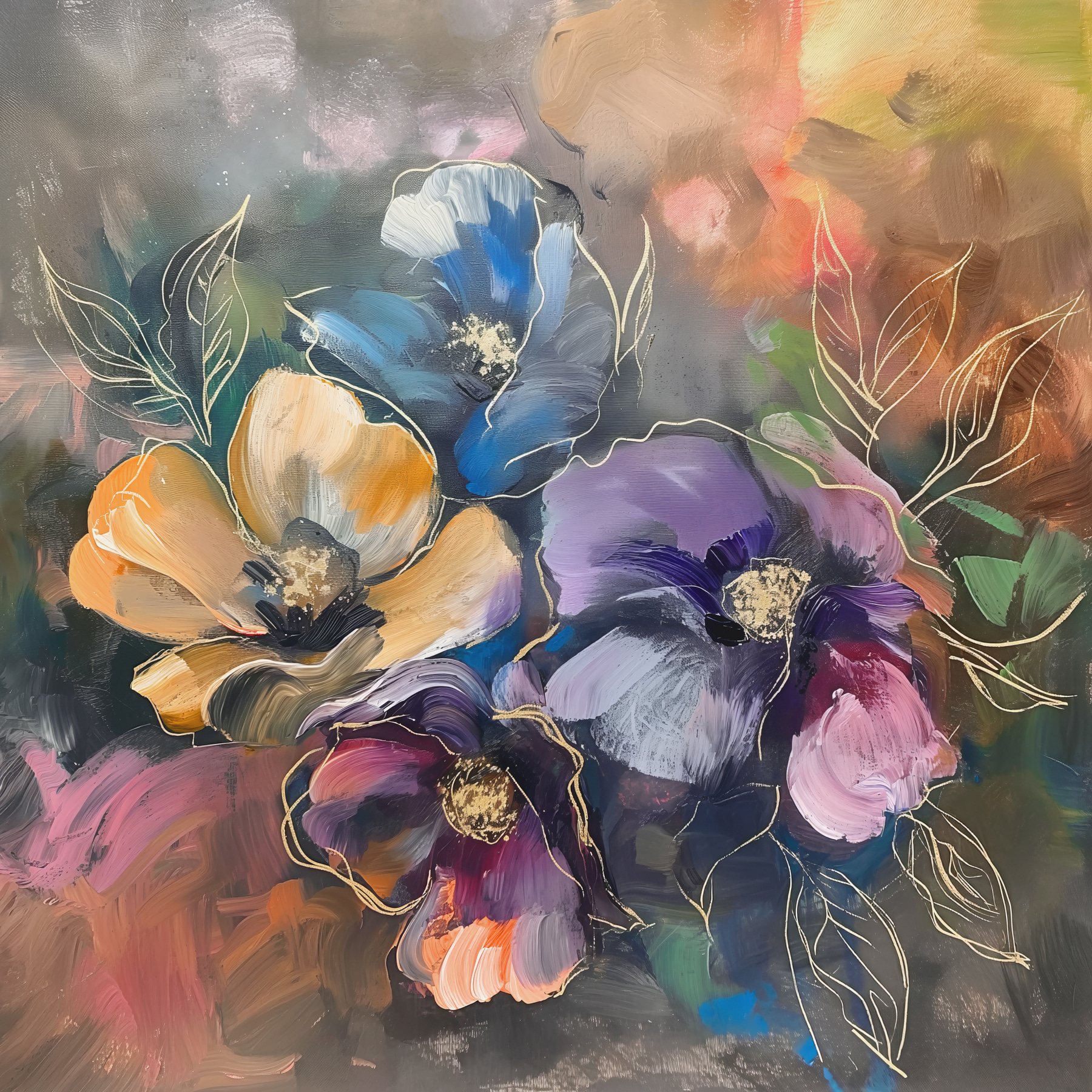 A painting of flowers on a surface A painting of flowers on a surface
