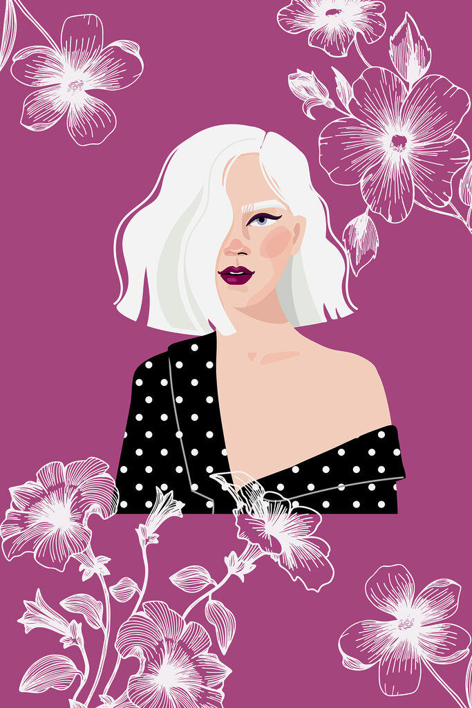 A woman with white hair and polka dot shirt A woman with white hair and polka dot shirt