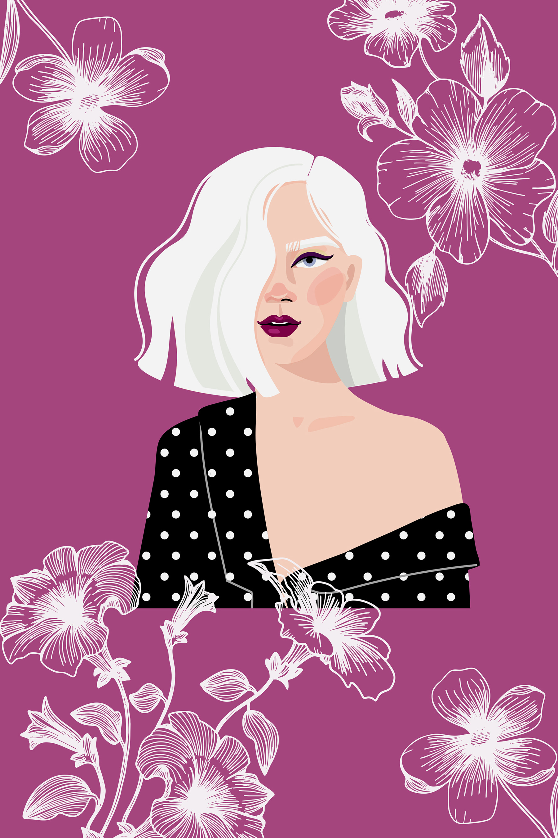 A woman with white hair and polka dot shirt A woman with white hair and polka dot shirt