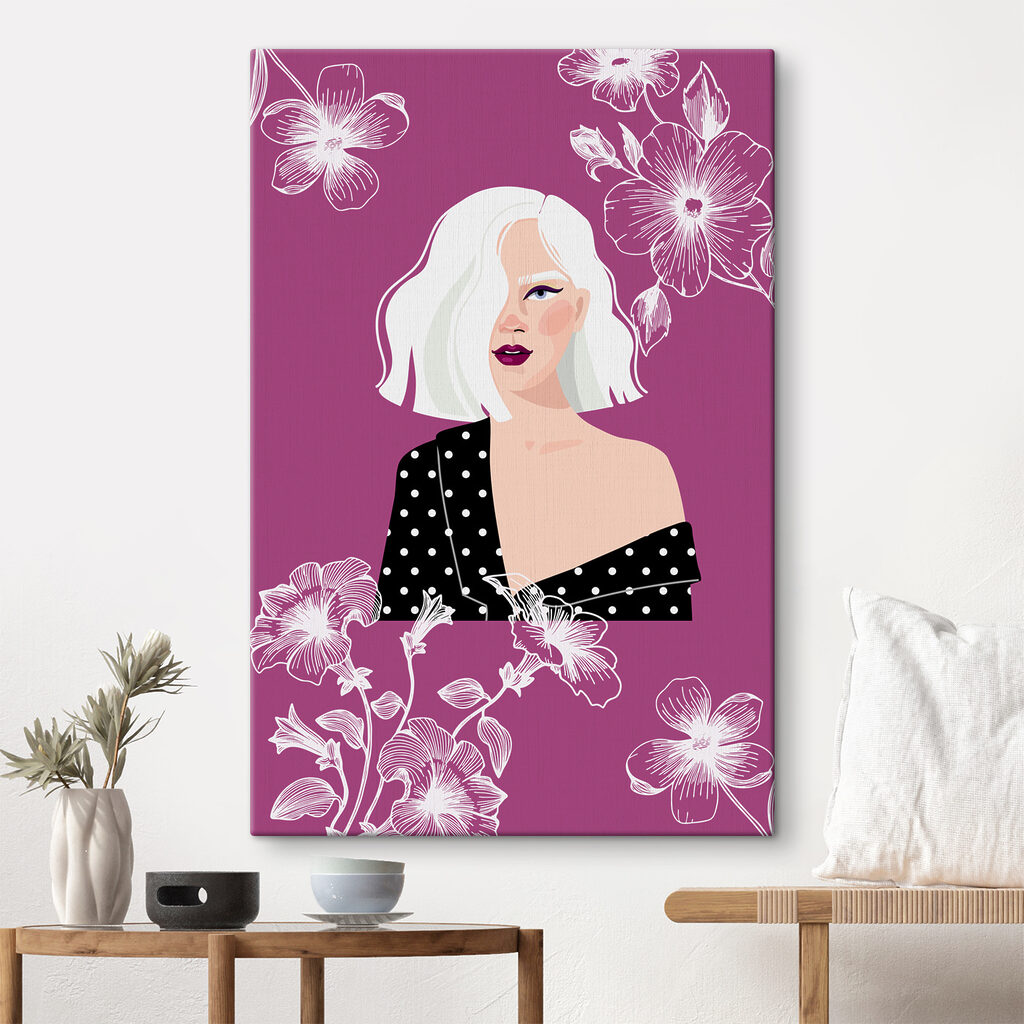 A woman with white hair and polka dot shirt A woman with white hair and polka dot shirt