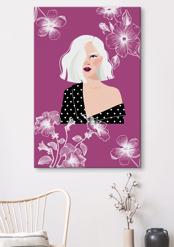 A woman with white hair and polka dot shirt A woman with white hair and polka dot shirt