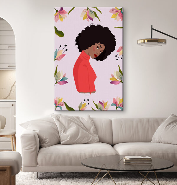 A woman with curly hair and flowers