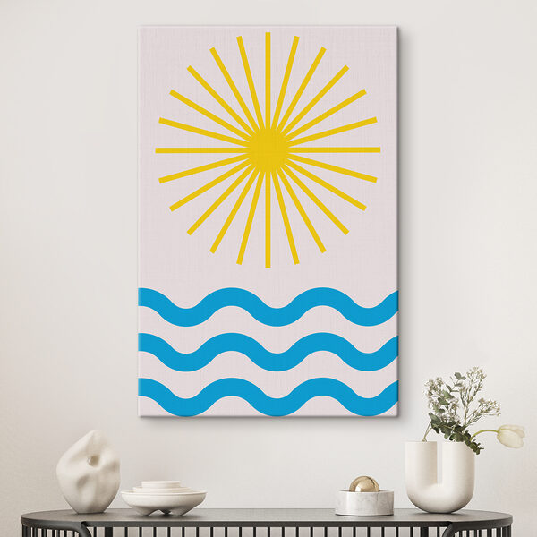 Cuadros Un sol y unas olas con líneas azules