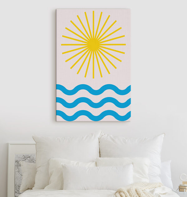 A sun and waves with blue lines