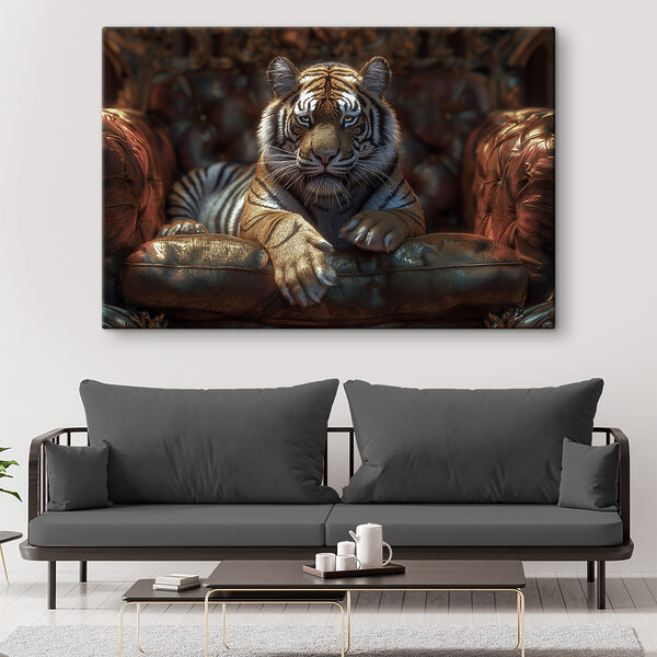 Cuadros Un tigre tumbado en un sillón de cuero