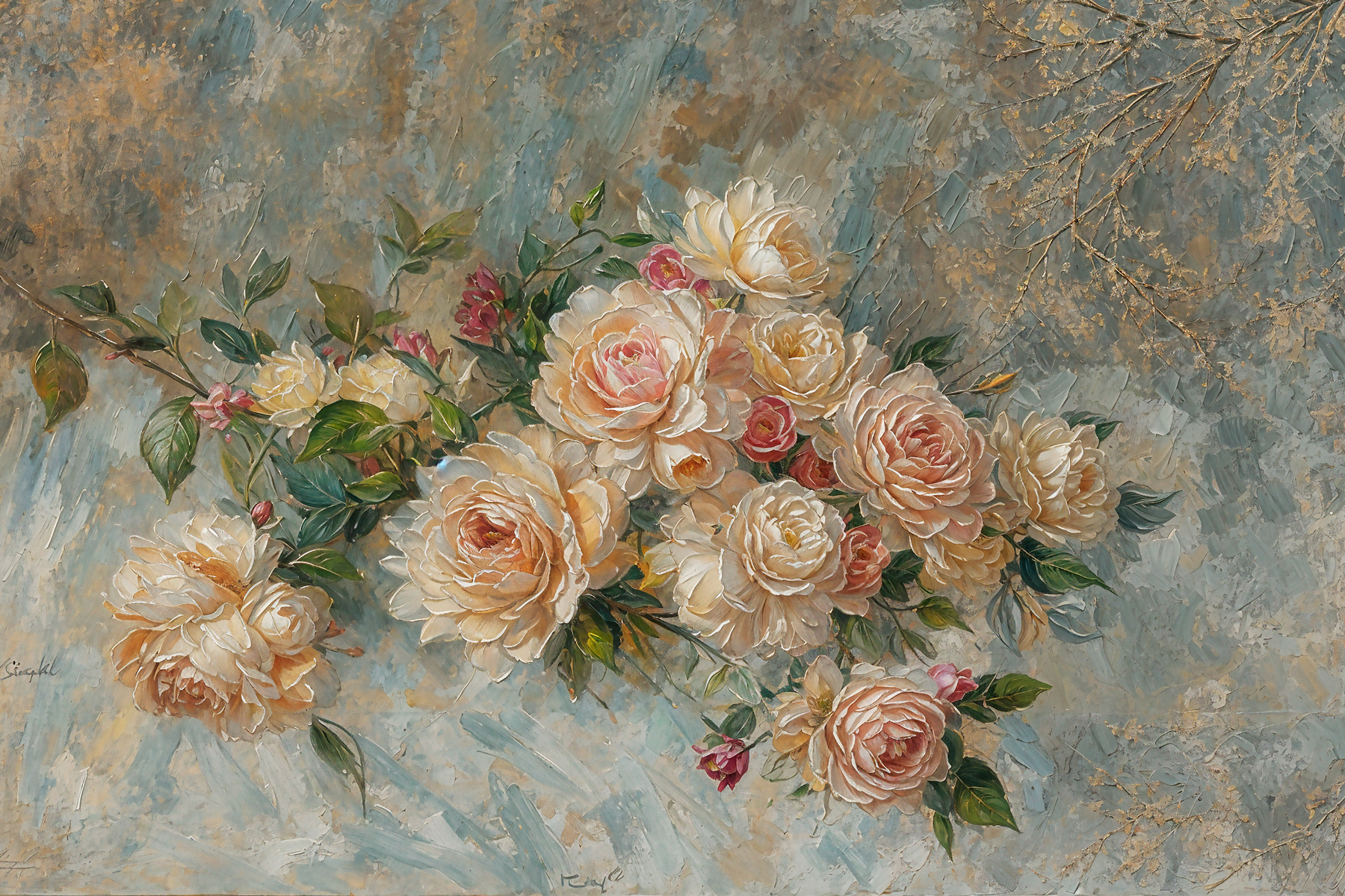A painting of flowers on a blue background