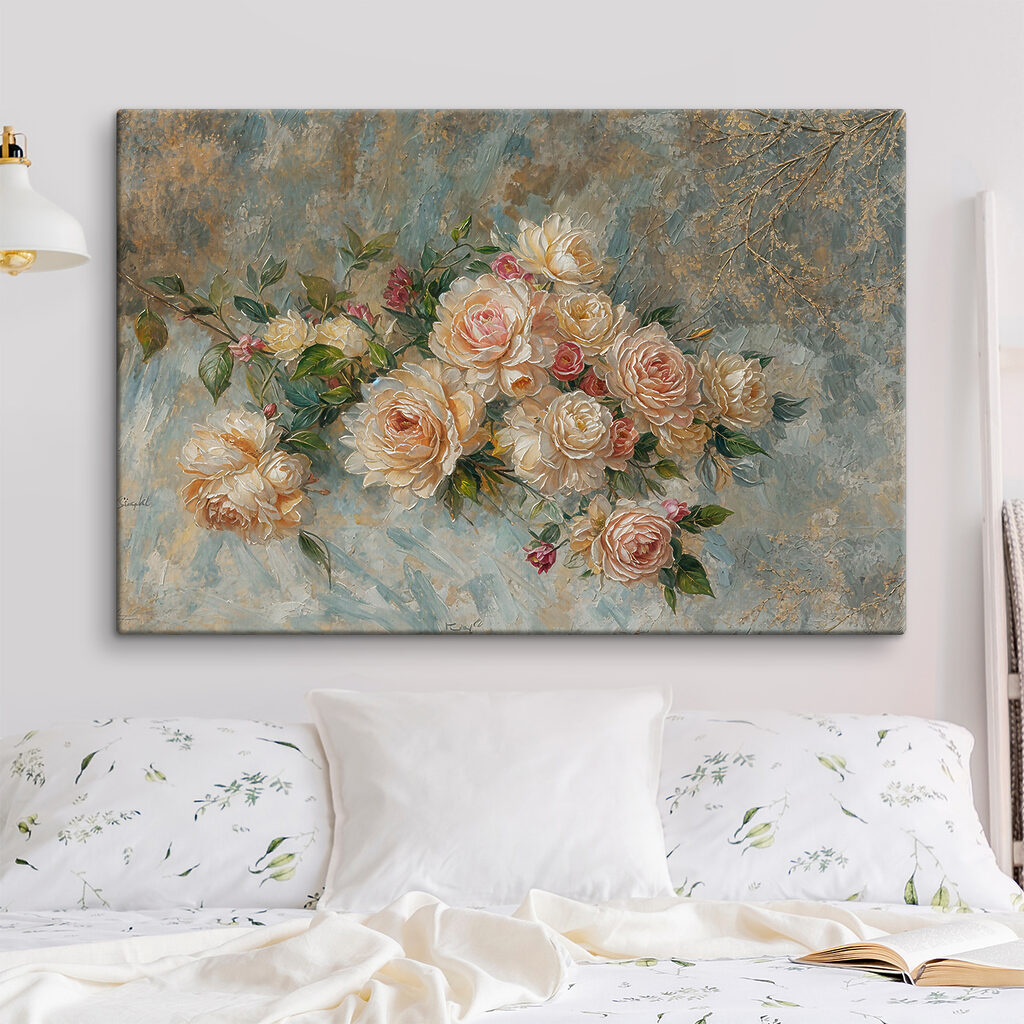 A painting of flowers on a blue background