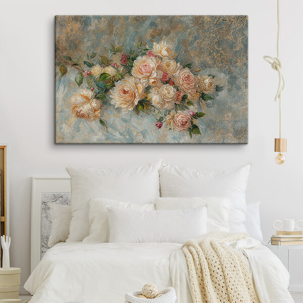 A painting of flowers on a blue background