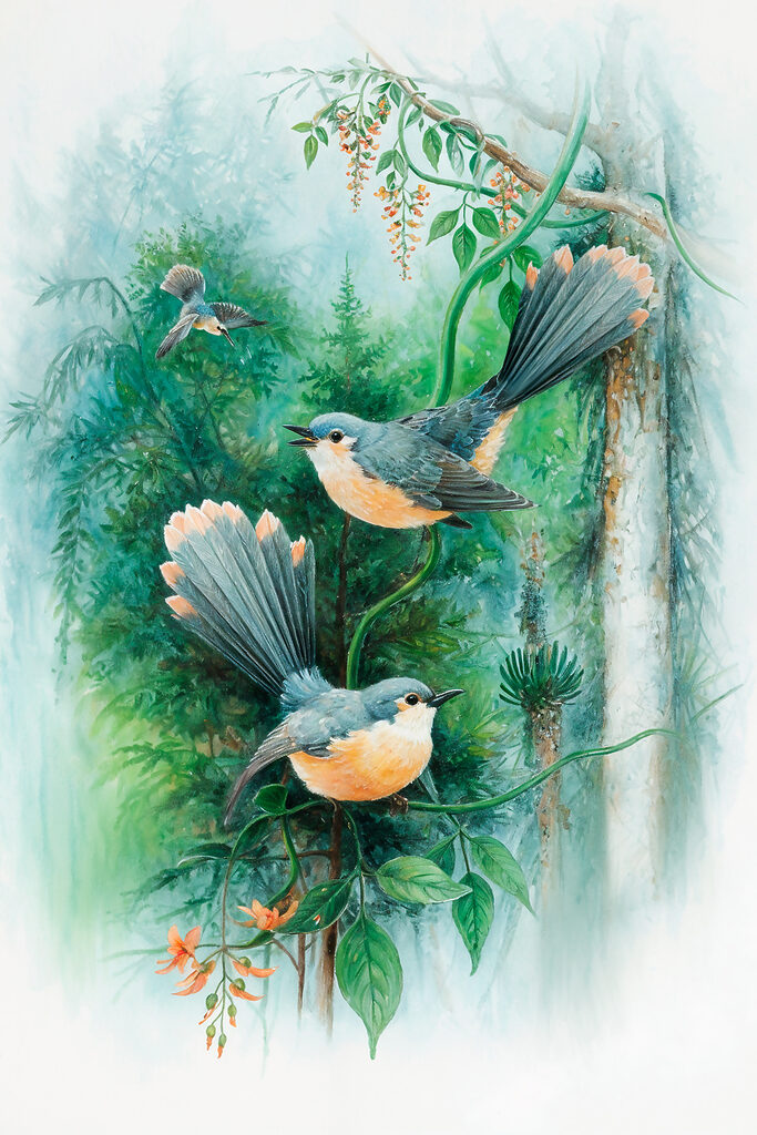 A painting of birds on a tree branch