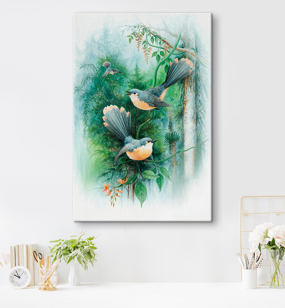 A painting of birds on a tree branch