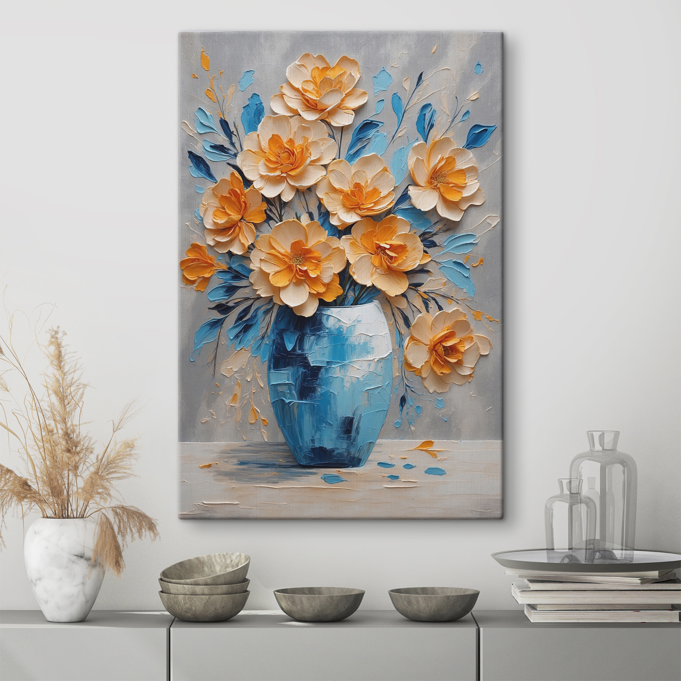 A painting of flowers in a vase A painting of flowers in a vase