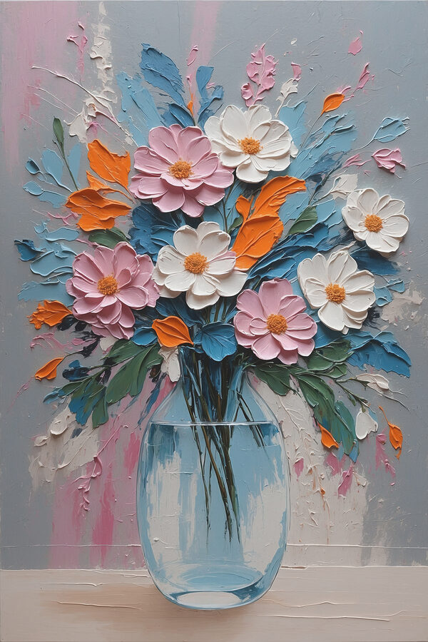 A painting of flowers in a vase A painting of flowers in a vase