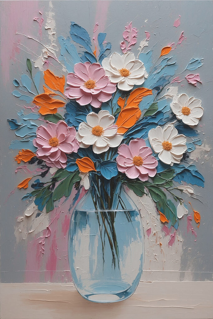 A painting of flowers in a vase A painting of flowers in a vase