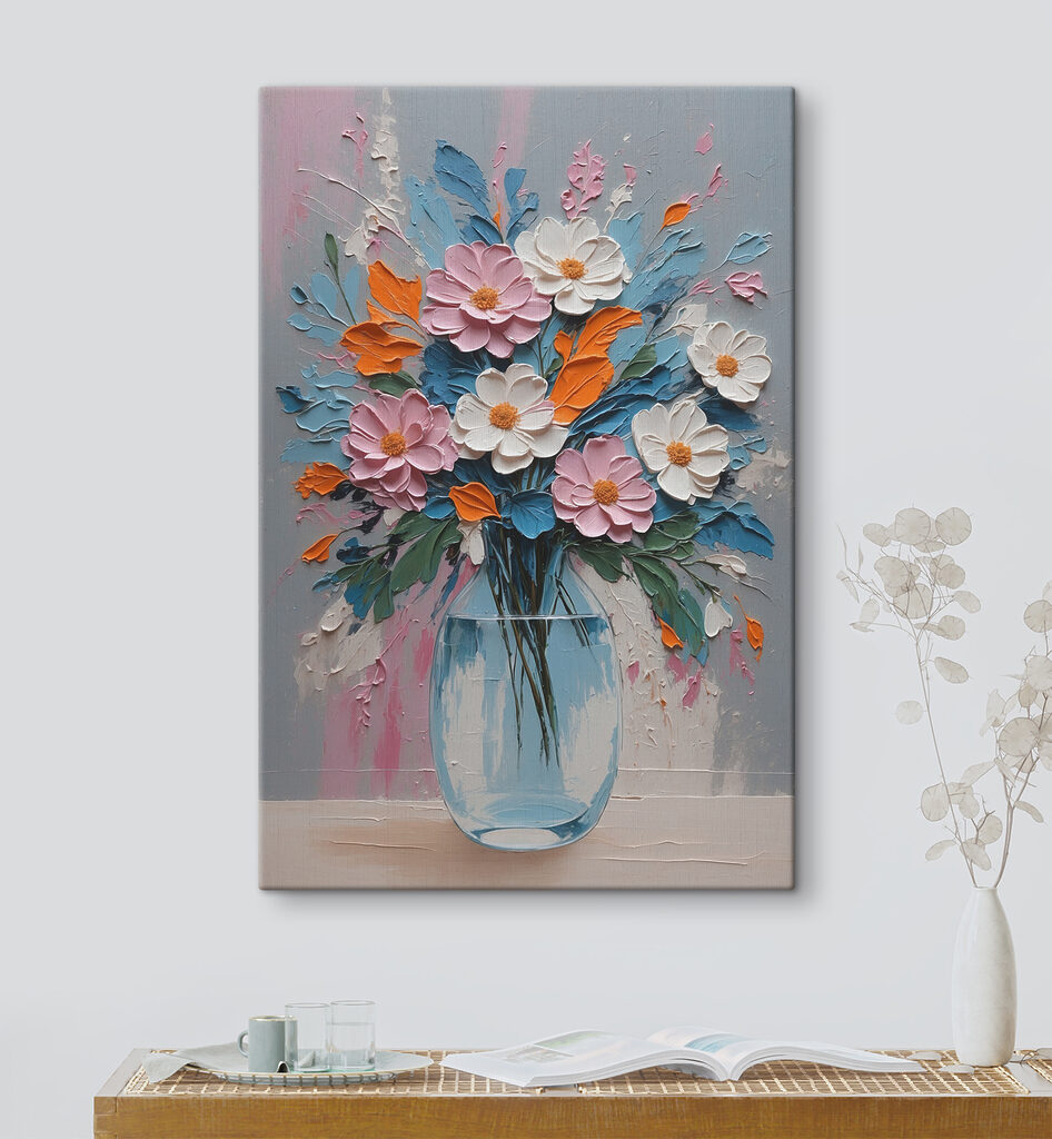 A painting of flowers in a vase A painting of flowers in a vase