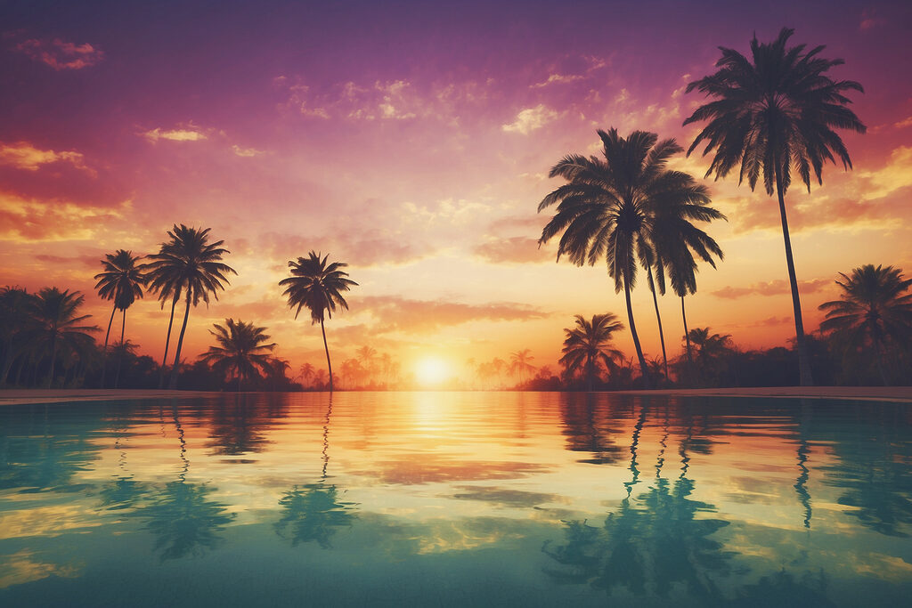 A sunset over a body of water with palm trees