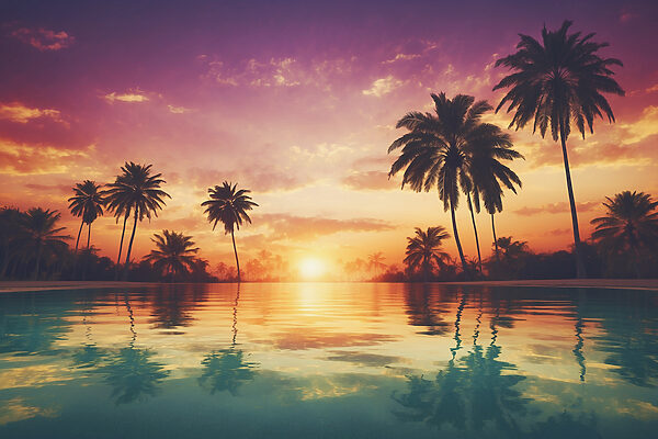 A sunset over a body of water with palm trees