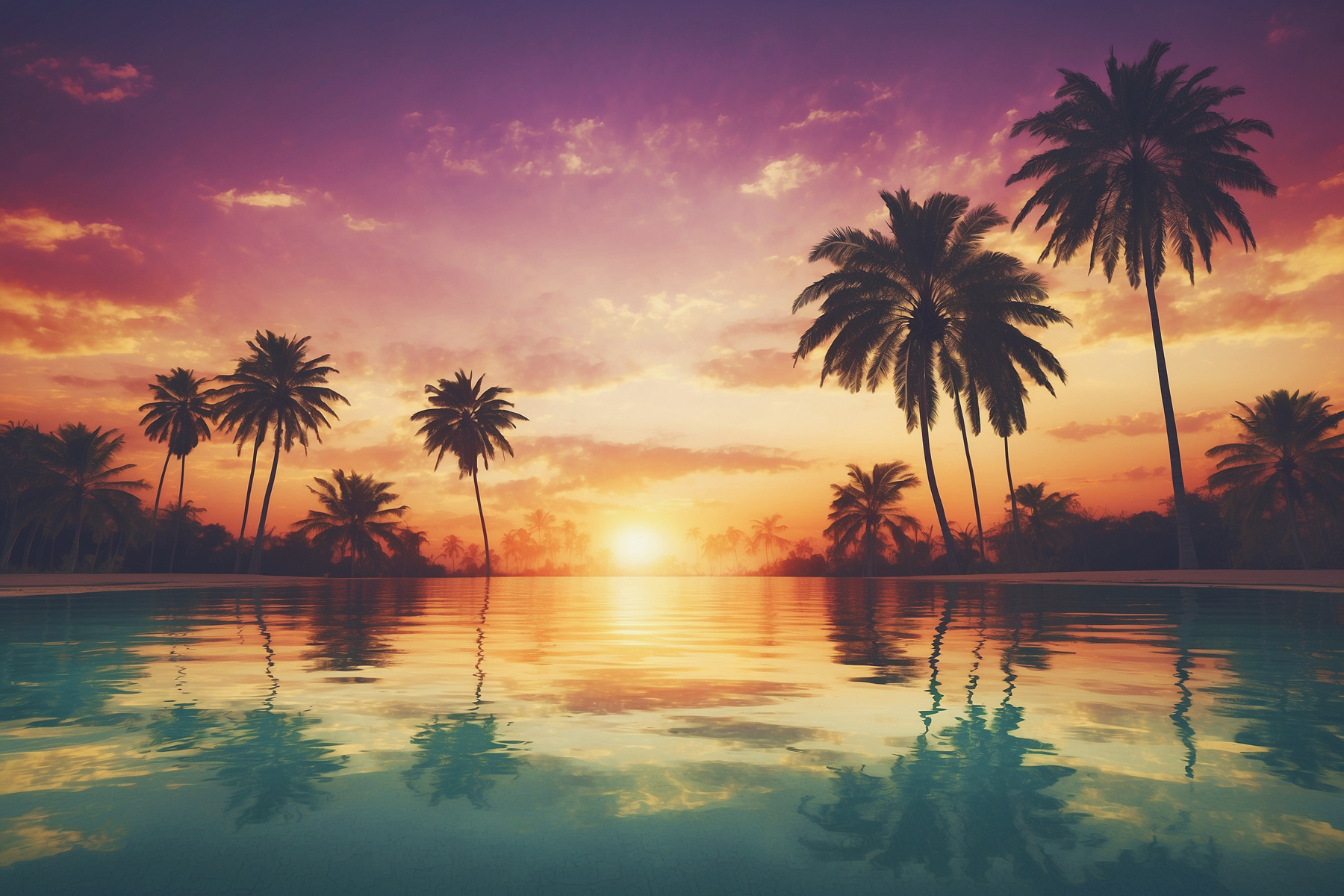 A sunset over a body of water with palm trees