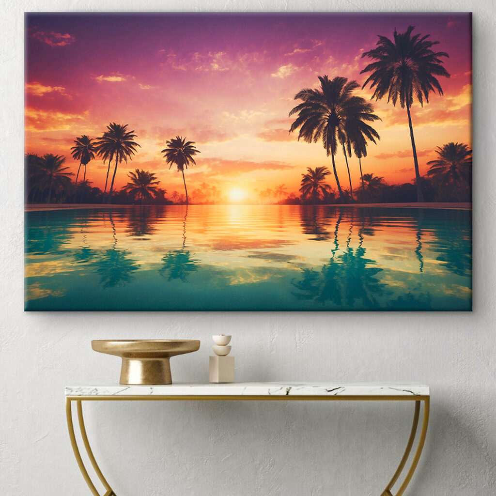 A sunset over a body of water with palm trees