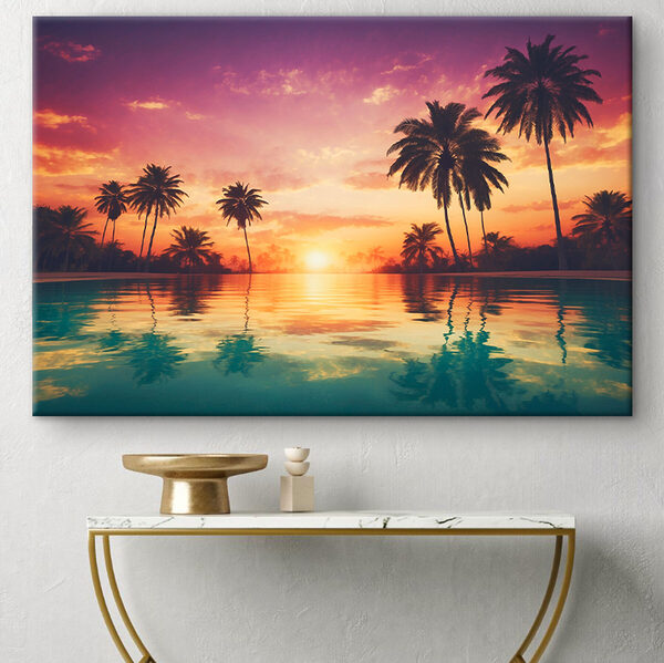 Cuadros Una puesta de sol sobre una masa de agua con palmeras (SKU: s38183) Cuadros Cuadros Una puesta de sol sobre una masa de agua con palmeras (SKU: s38183)