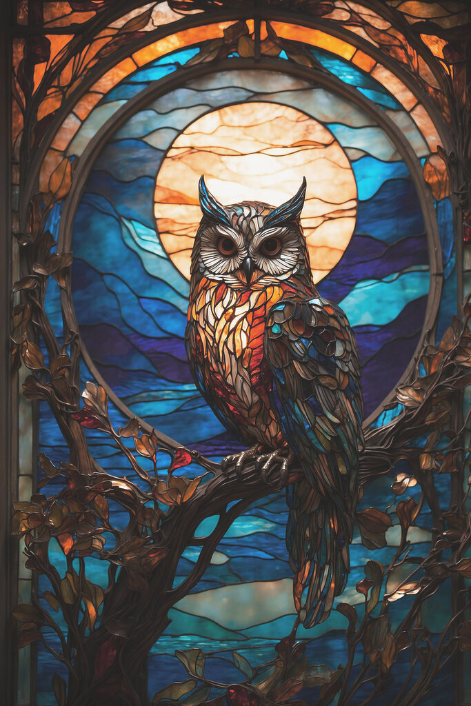 A stained glass owl on a tree branch A stained glass owl on a tree branch
