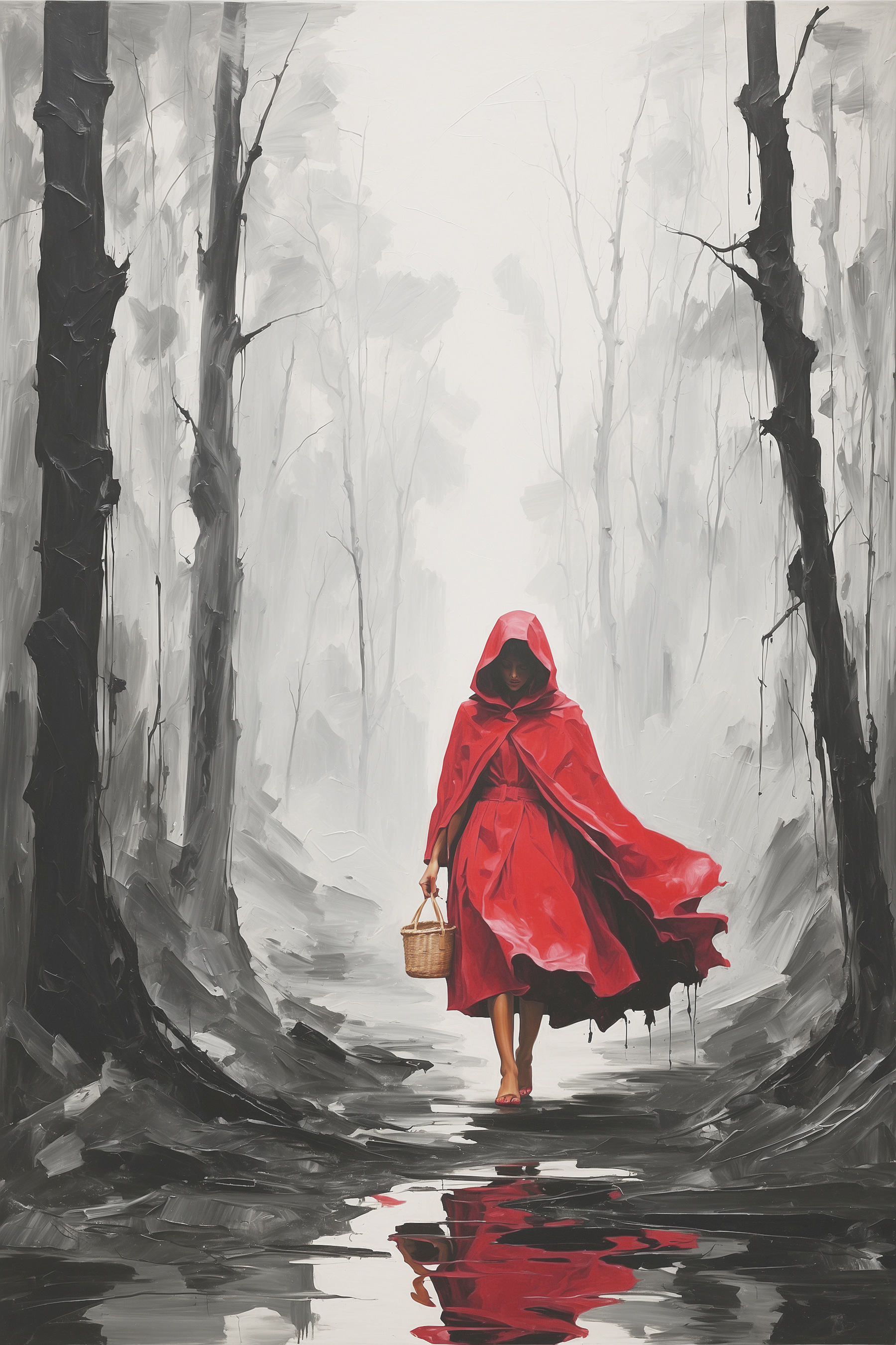 A woman in a red cloak walking in a forest A woman in a red cloak walking in a forest