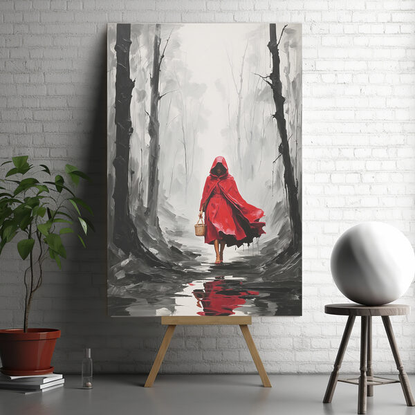 Cuadros Una mujer con una capa roja caminando por el bosque