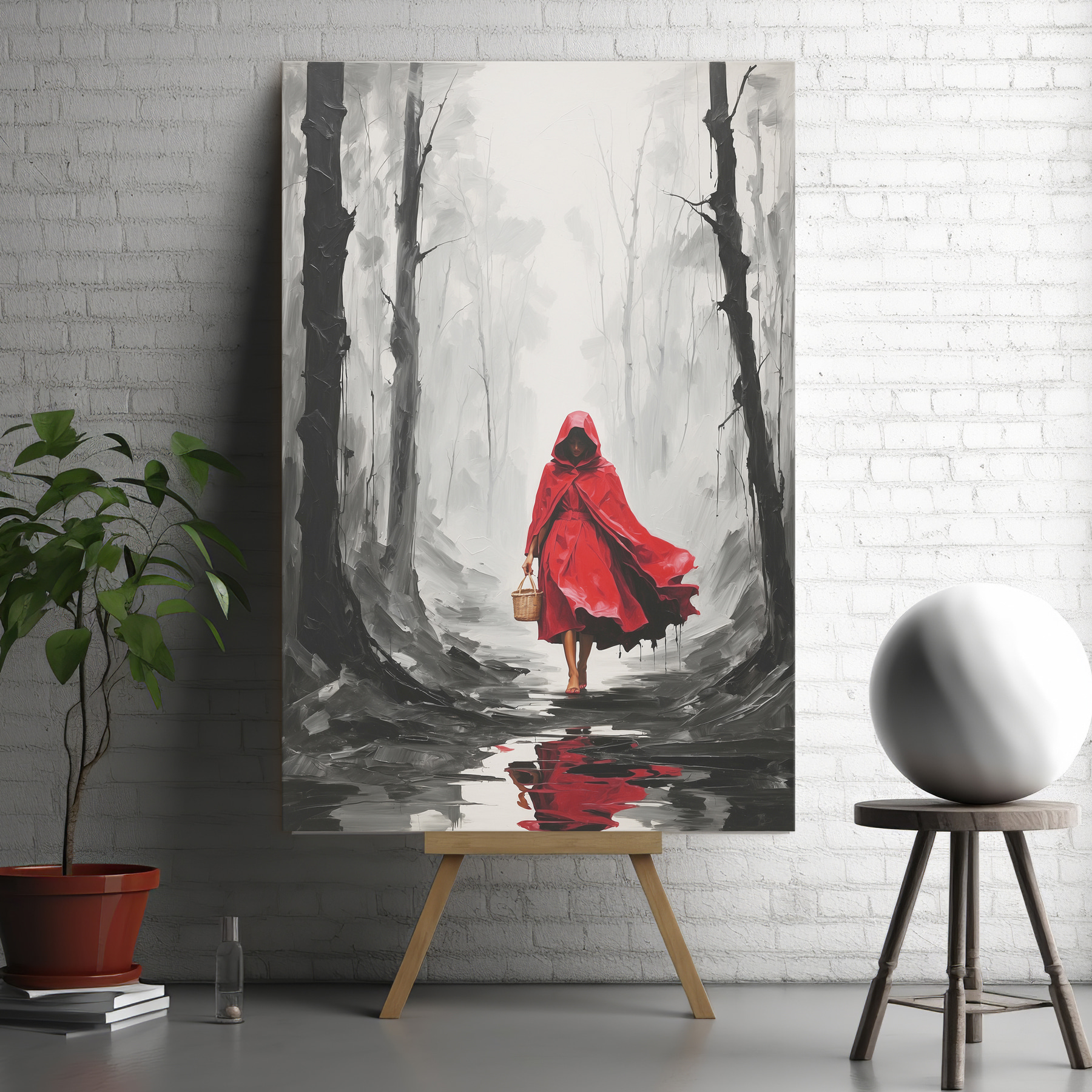 A woman in a red cloak walking in a forest A woman in a red cloak walking in a forest