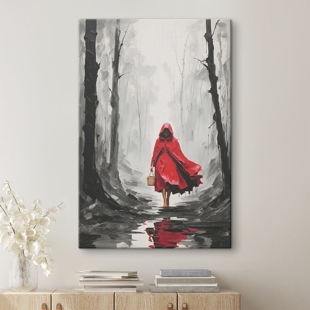 A woman in a red cloak walking in a forest A woman in a red cloak walking in a forest