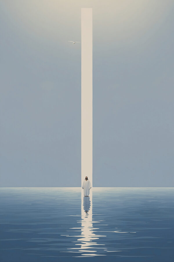 A person standing in water with a light beam