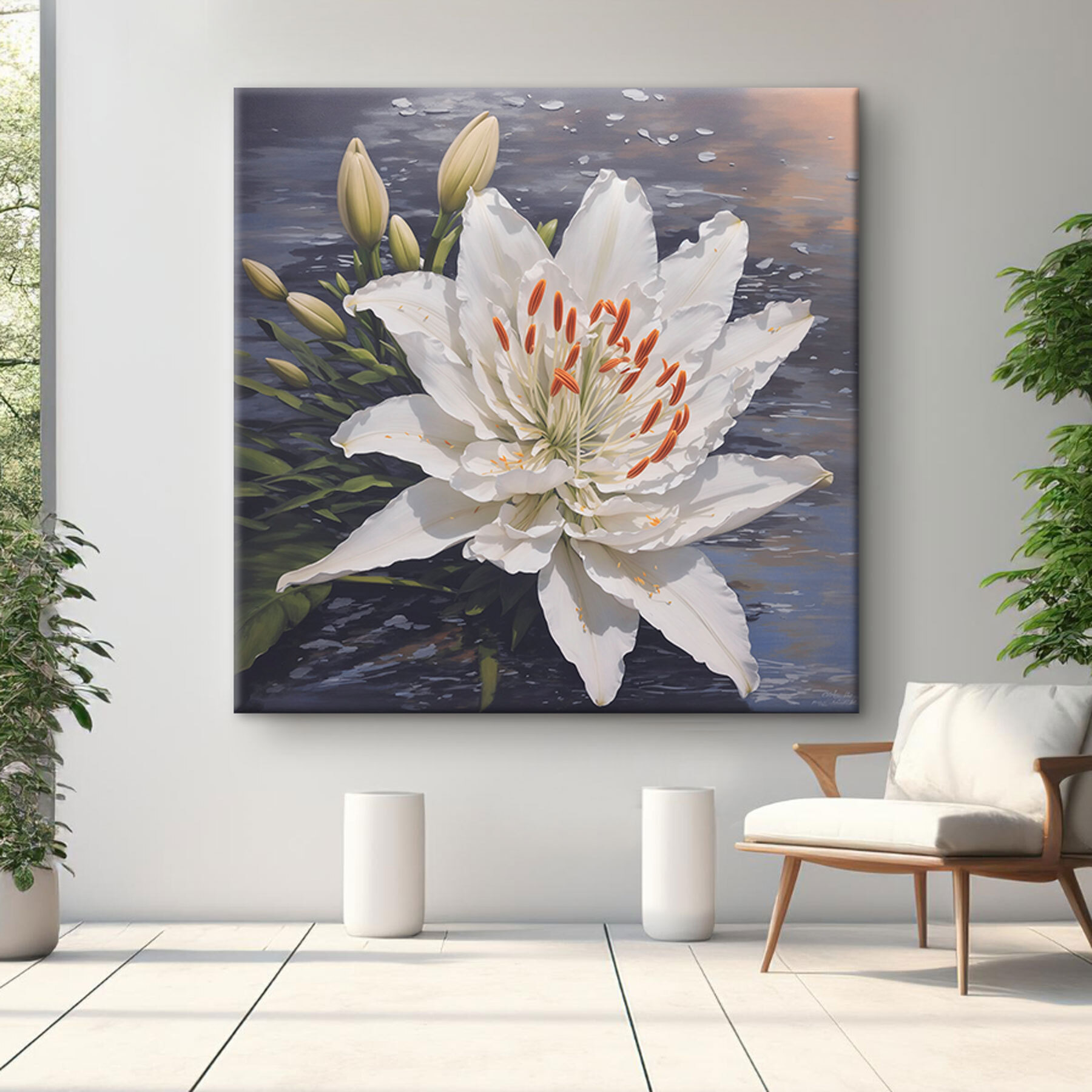 A white flower with orange stamens and buds