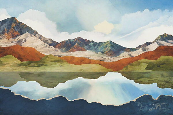 A water reflection of mountains and sky A water reflection of mountains and sky
