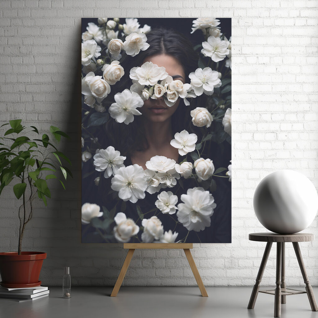 A woman hiding her face behind white flowers A woman hiding her face behind white flowers