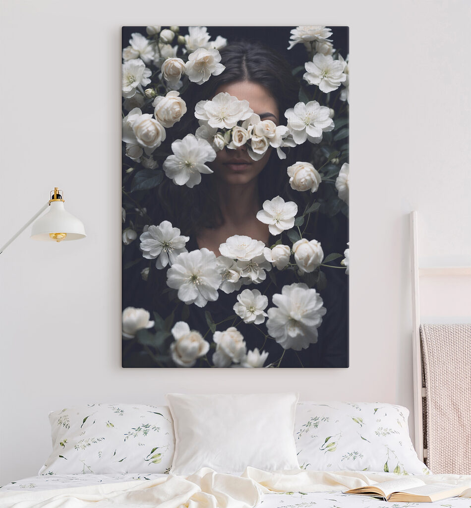 A woman hiding her face behind white flowers A woman hiding her face behind white flowers