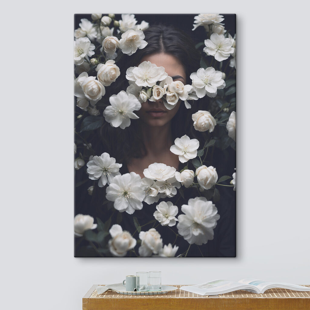A woman hiding her face behind white flowers A woman hiding her face behind white flowers