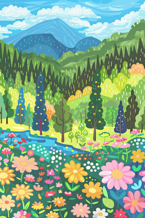 A cartoon of a landscape with trees and flowers A cartoon of a landscape with trees and flowers