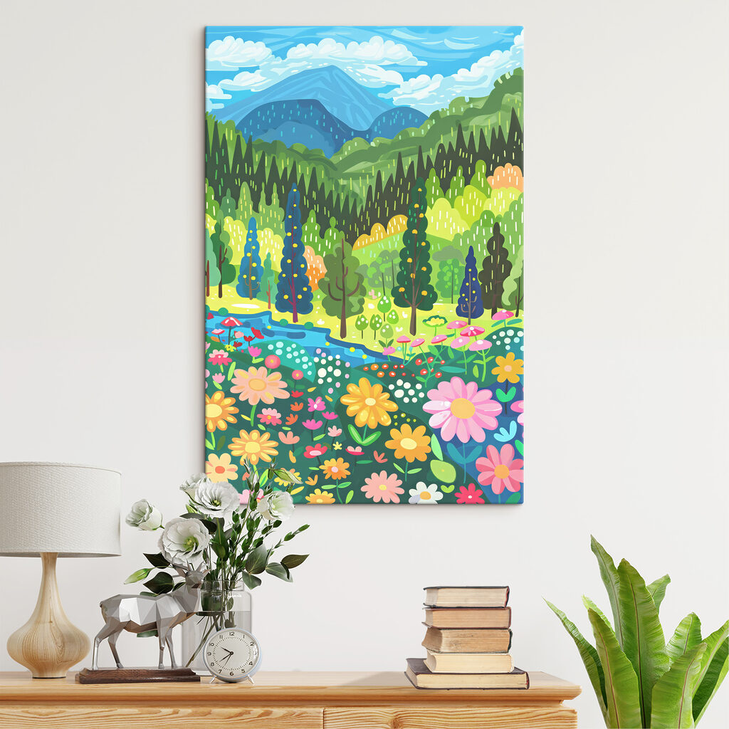 A cartoon of a landscape with trees and flowers A cartoon of a landscape with trees and flowers