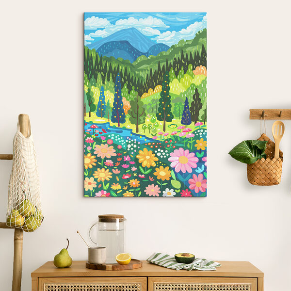 A cartoon of a landscape with trees and flowers A cartoon of a landscape with trees and flowers