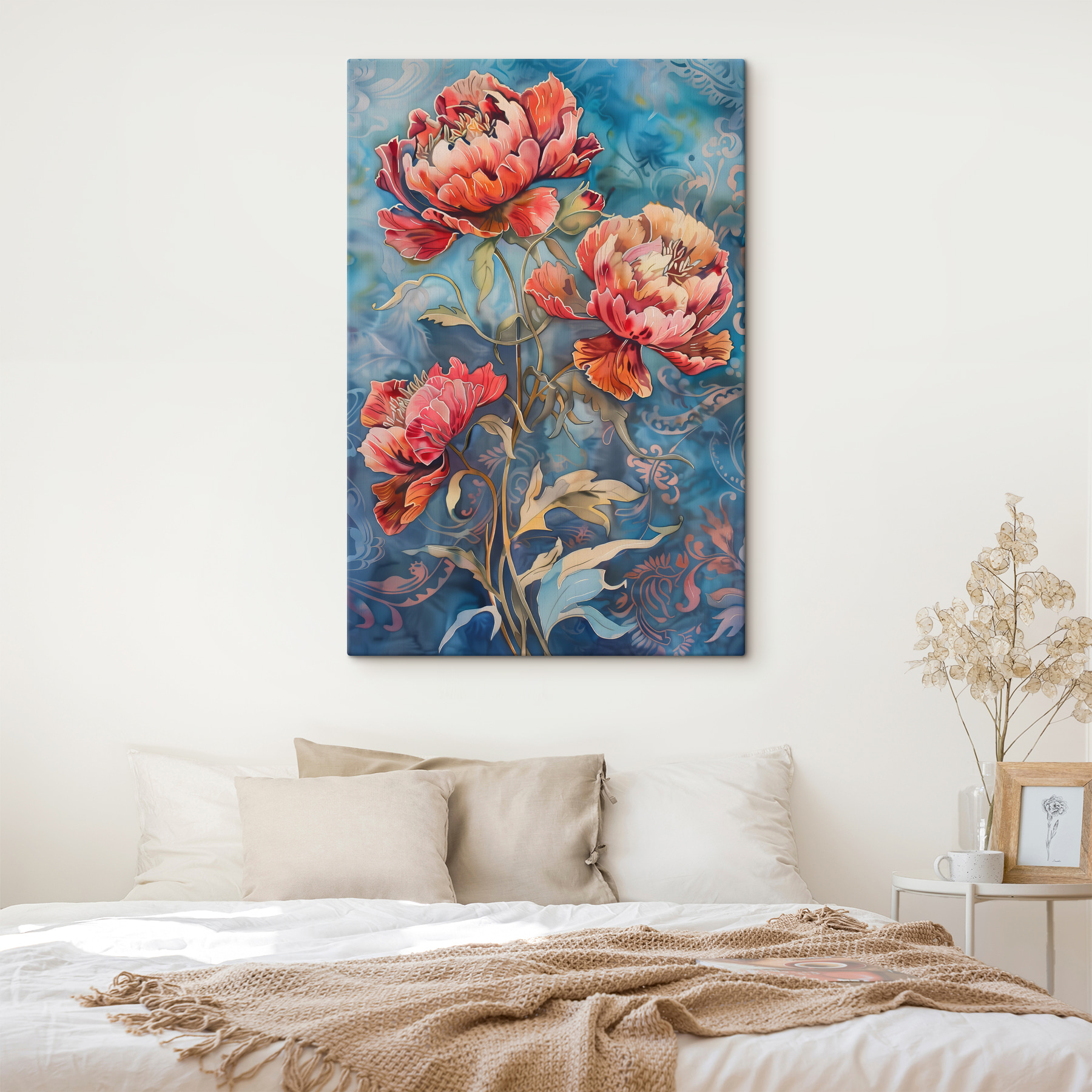 A painting of flowers on a blue background