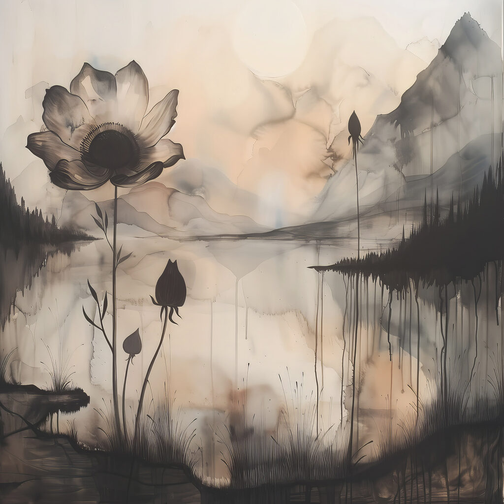 A painting of a flower and a lake