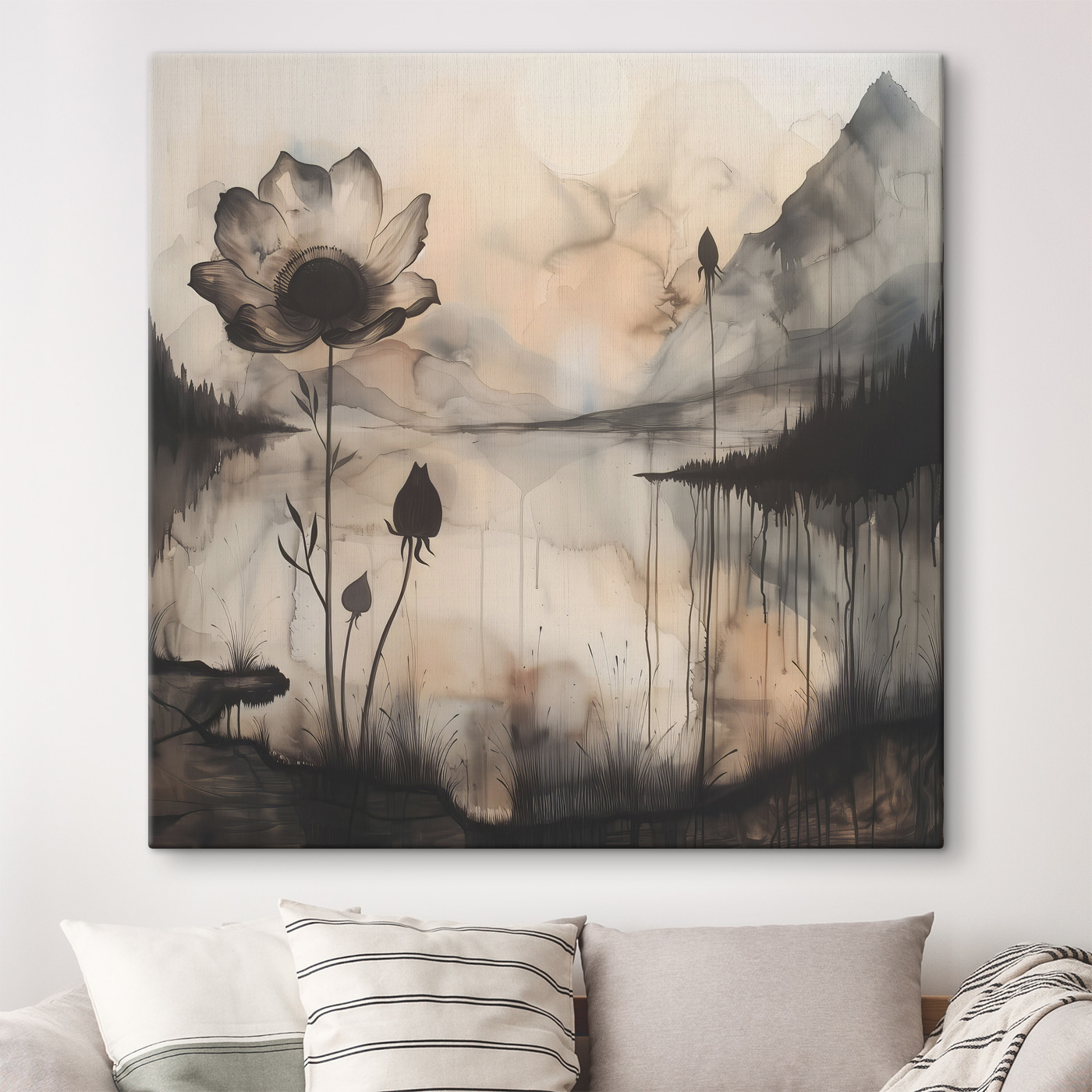 A painting of a flower and a lake