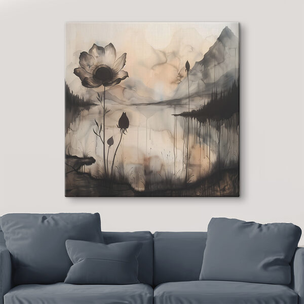 A painting of a flower and a lake