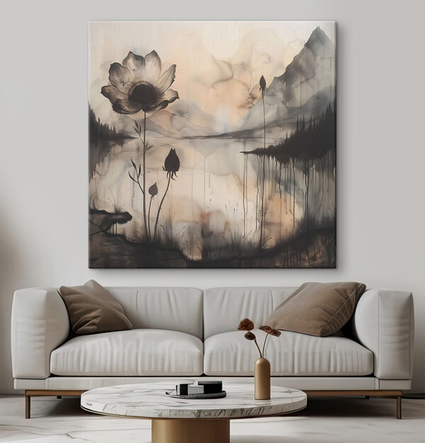 A painting of a flower and a lake