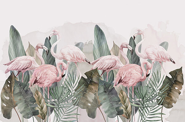 Un grupo de flamencos rosas y hojas Un grupo de flamencos rosas y hojas