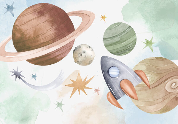 Un cohete y planetas en el espacio Un cohete y planetas en el espacio