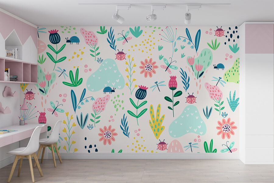 Un estampado de flores e insectos