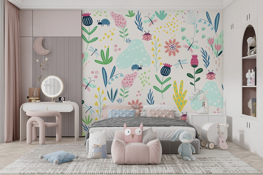 Un estampado de flores e insectos