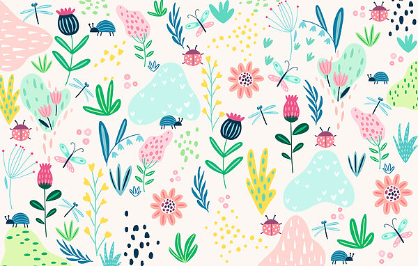 Un estampado de flores e insectos Un estampado de flores e insectos