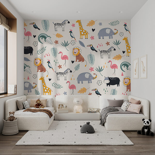 Una pared con animales y plantas