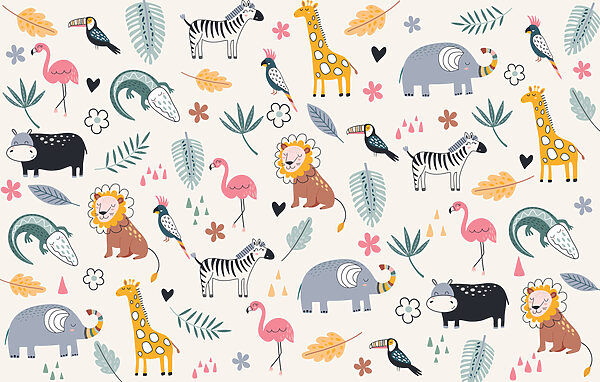 Un estampado de animales y hojas Un estampado de animales y hojas