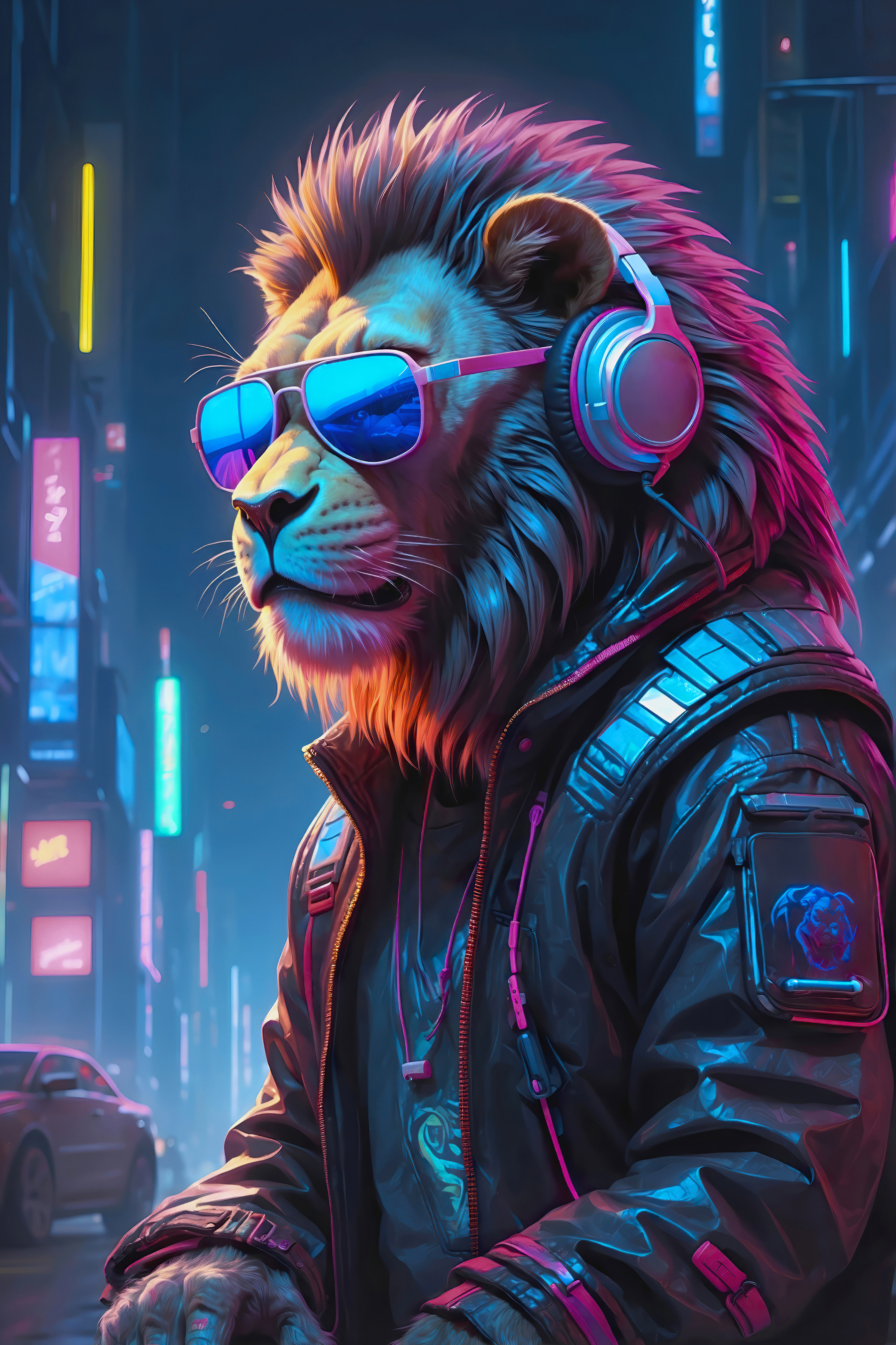 Un león con gafas de sol y auriculares s38169p - Un león con gafas de sol y auriculares - tegory